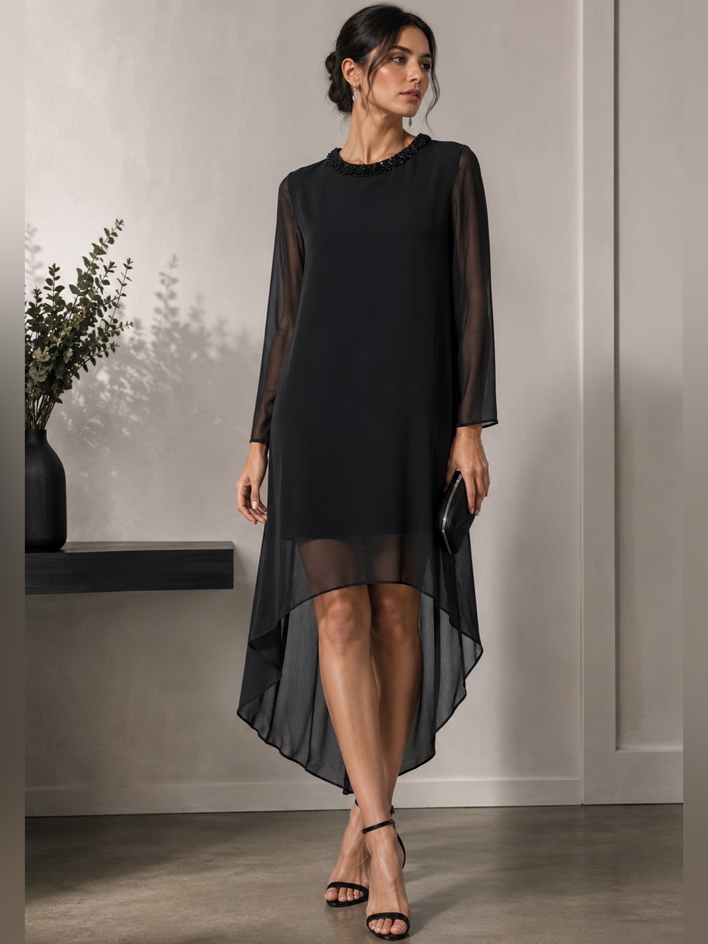 Gianni Bini Sheer Overlay Beaded Black Cocktail Dress Size M